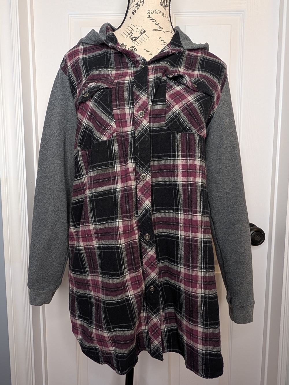 Tattoo Purple Plaid Hooded Shirt Jacket Cozy Size L